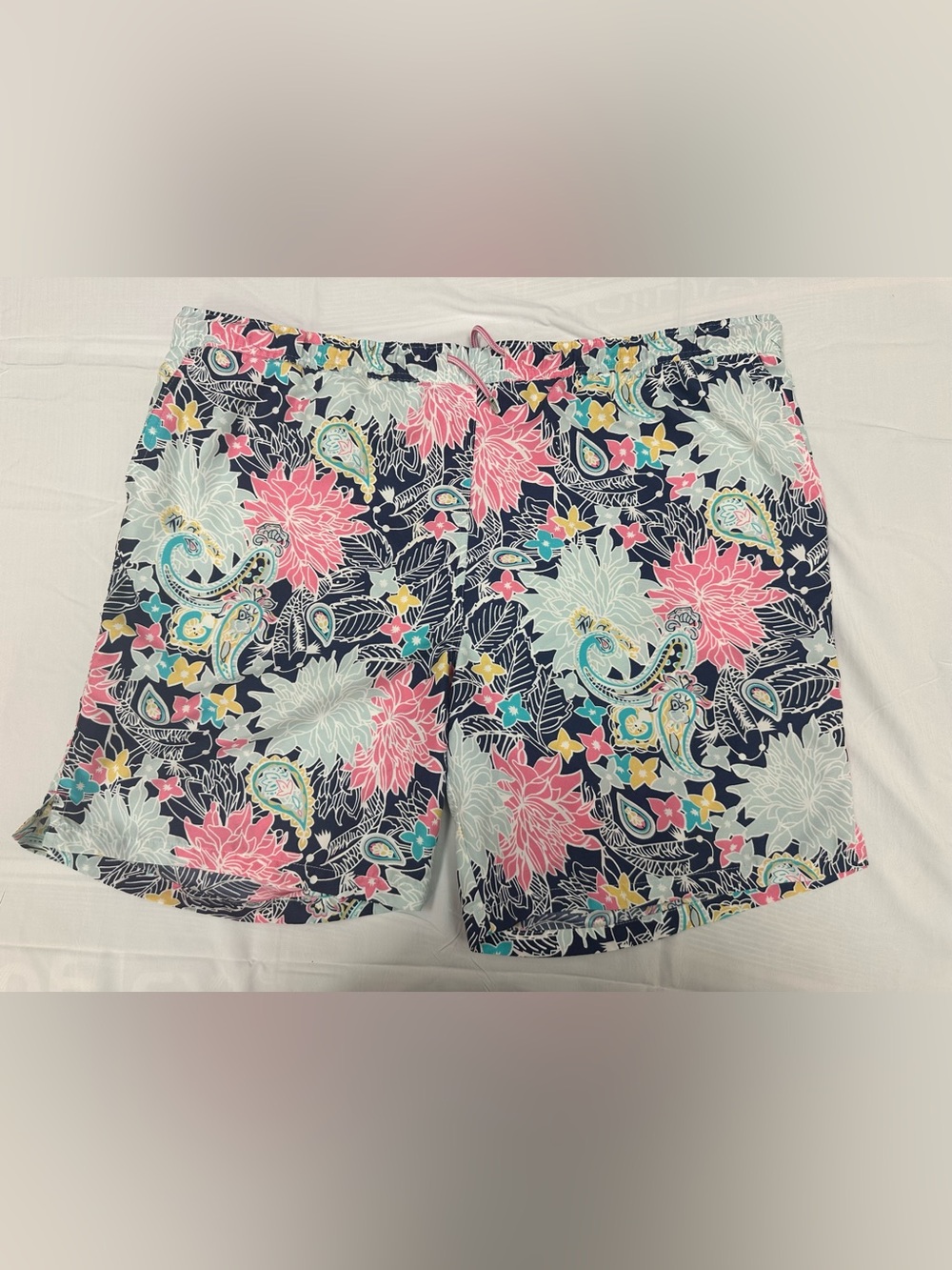 Peter Millar Navy Floral Paisley Swim Shorts with Pink & Aqua Accents